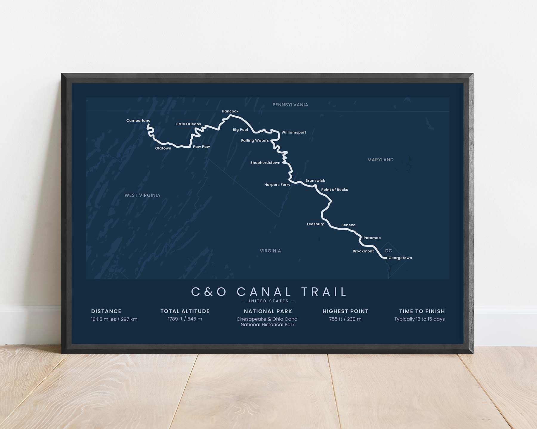 C&O Canal Trail (Virginia) Track Wall Art with Blue Background