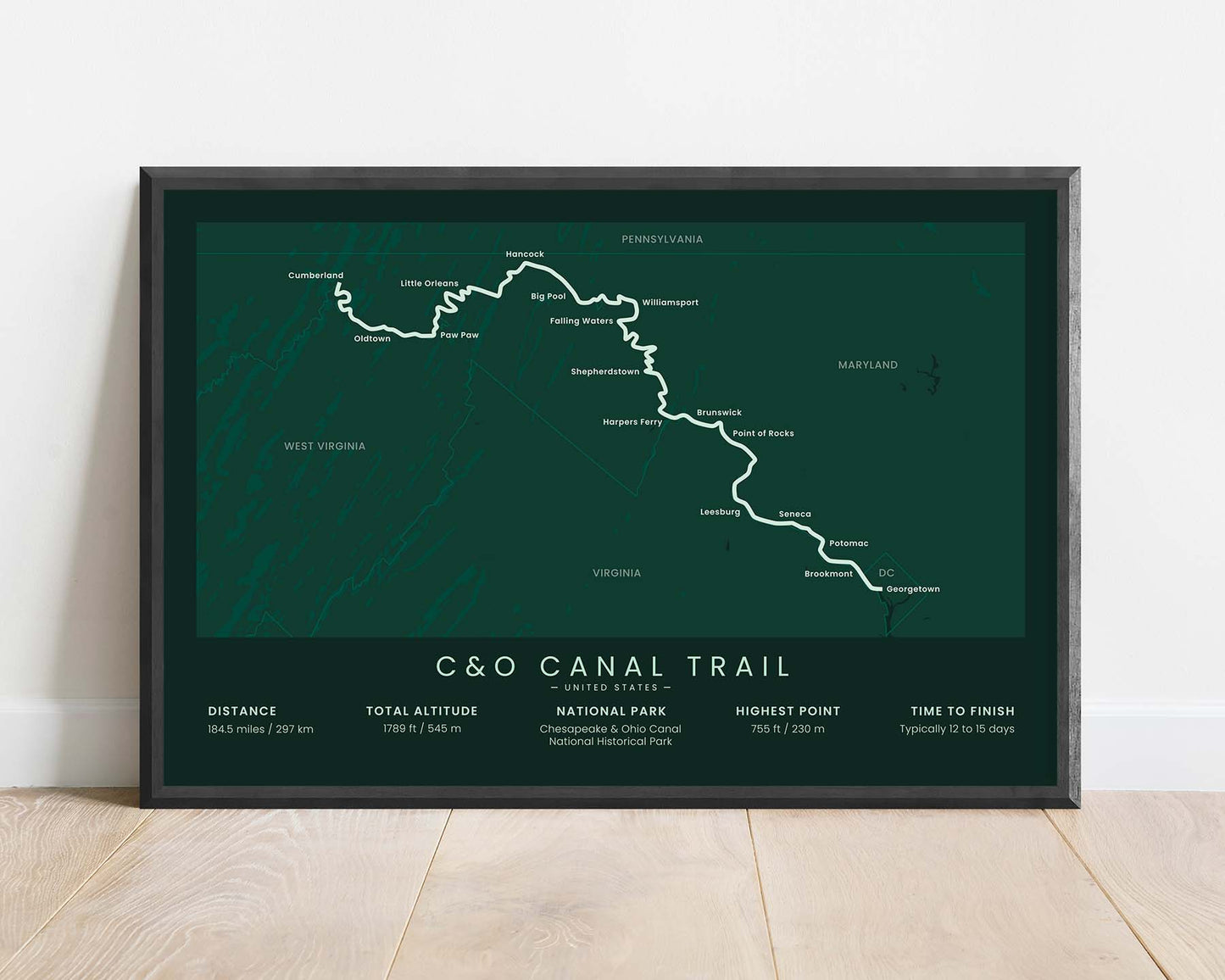 C&O Canal Towpath (Washington to Cumberland) Trek Print with Green Background