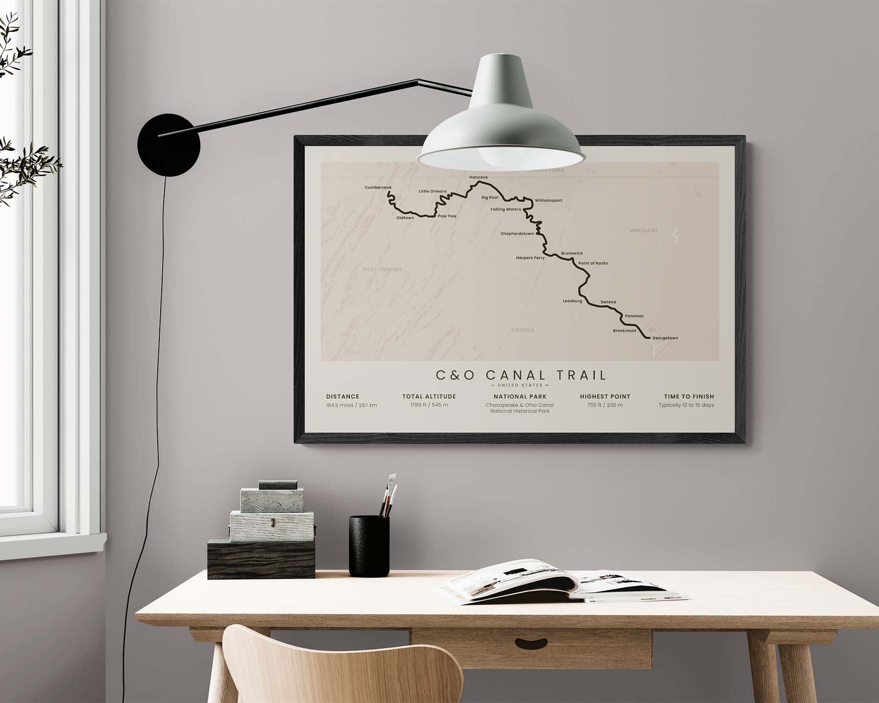 Chesapeake and Ohio Canal Trail (Potomac River) Thru-Hike Map Art in Minimal Room Decor