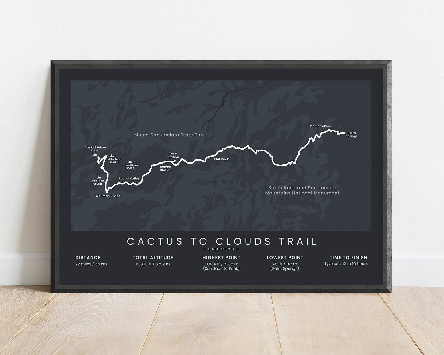 Cactus to Clouds Hike (California) Trek Print with Black Background