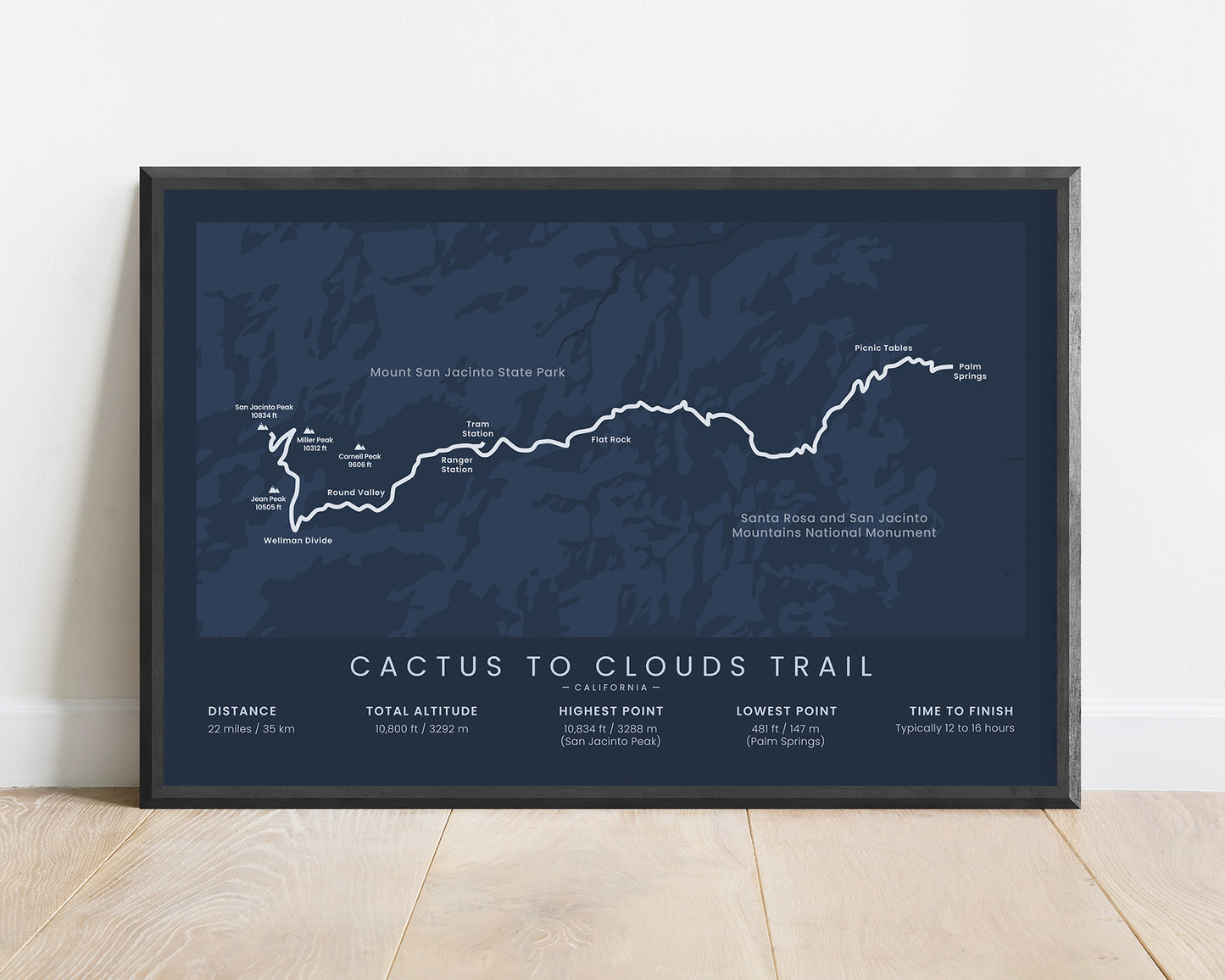 Cactus to Clouds Trail (Palm Springs to San Jacinto Peak) Track Art with Blue Background