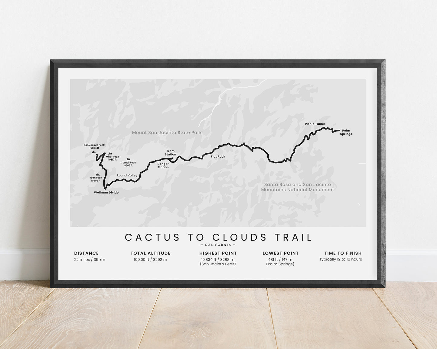 Cactus to Clouds Trail (Palm Springs to San Jacinto Peak) Route Poster with White Background