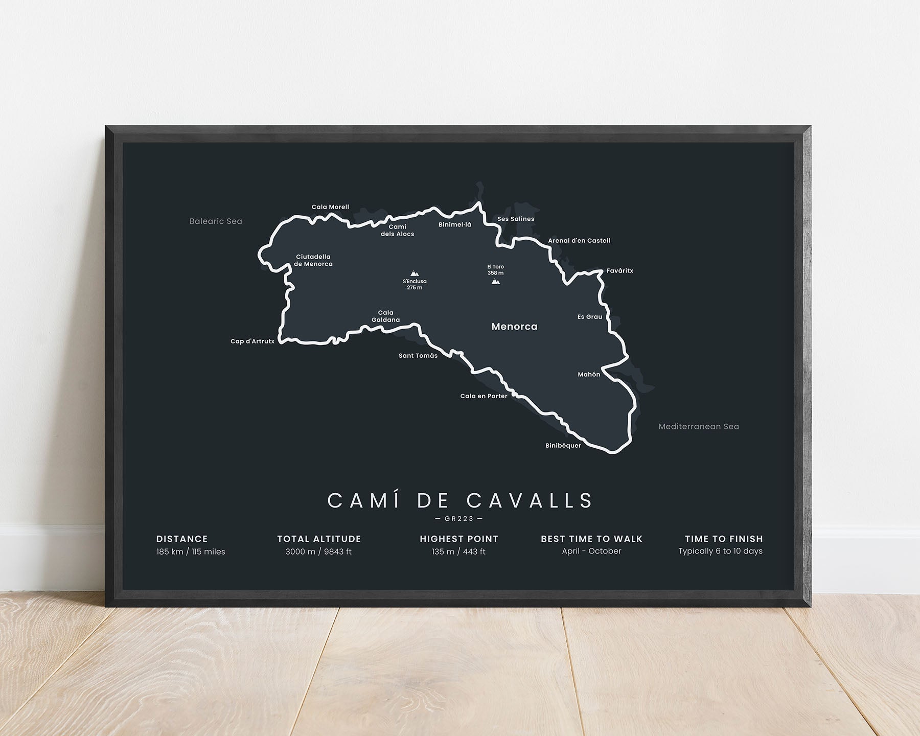 Cami De Cavalls (Spain) Hike Map Art with Black Background