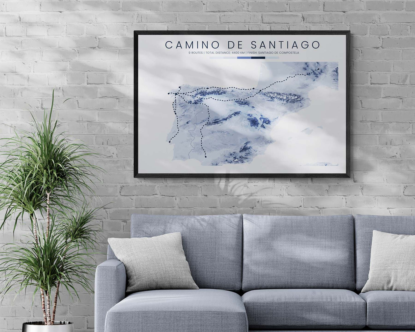 Pilgrimage of Compostela (Camino Portugues) Trek Print with Shaded Relief Map in Modern Living Room Decor