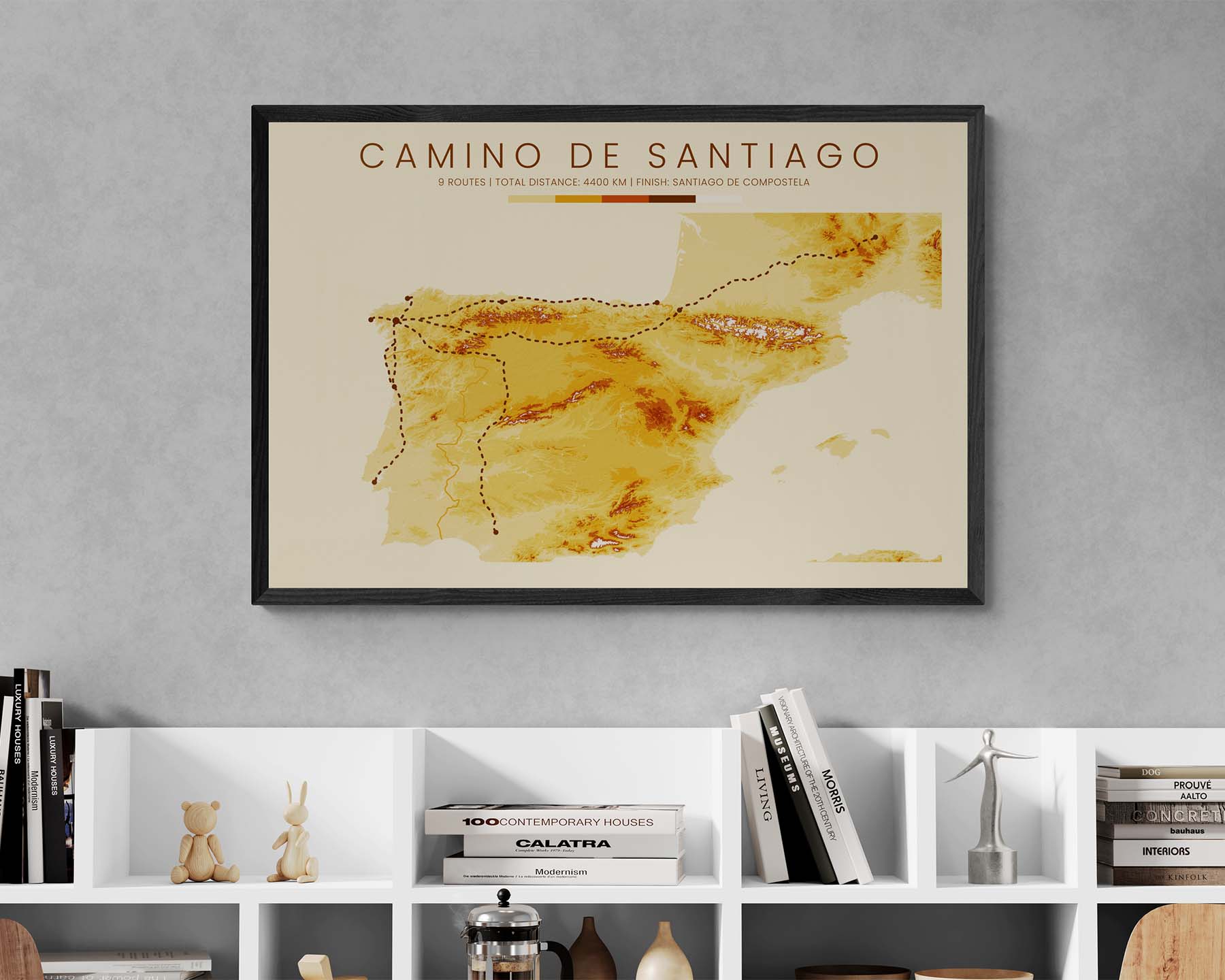 Way of Saint James (Camino Finisterre) Route Wall Art with Topographic Map in Modern Wall Art Decor
