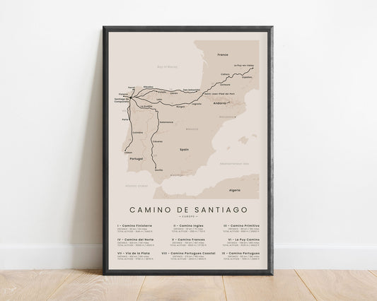 Way Of Saint James (Camino Ingles) Route Print with Beige Background