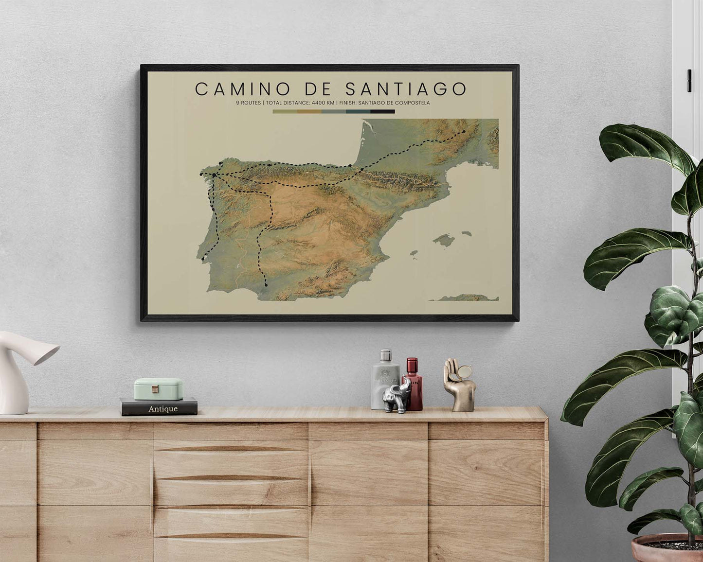 Camino de Santiago (Santiago de Compostela) Thru Hike Wall Decor with Contour Map in Modern Room Decor