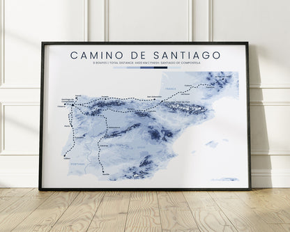 Pilgrimage of Compostela (Camino Primitivo) Trail Art with Minimal Blue Background