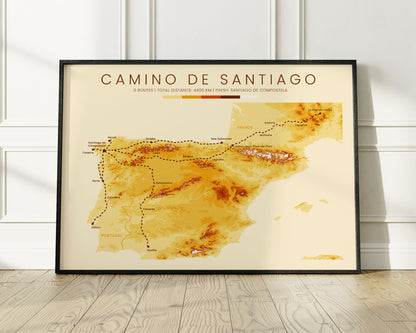 Camino de Santiago (Via Podiensis) Pilgrimage Map with Vintage Orange Background