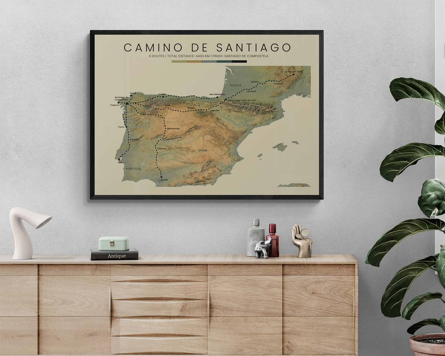 Pilgrimage of Compostela (Camino Portugues) Trek Print with Shaded Relief Map in Modern Room Decor