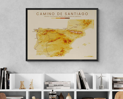 Way of Saint James (Camino Finisterre) Route Wall Art with Topographic Map in Modern Room Decor