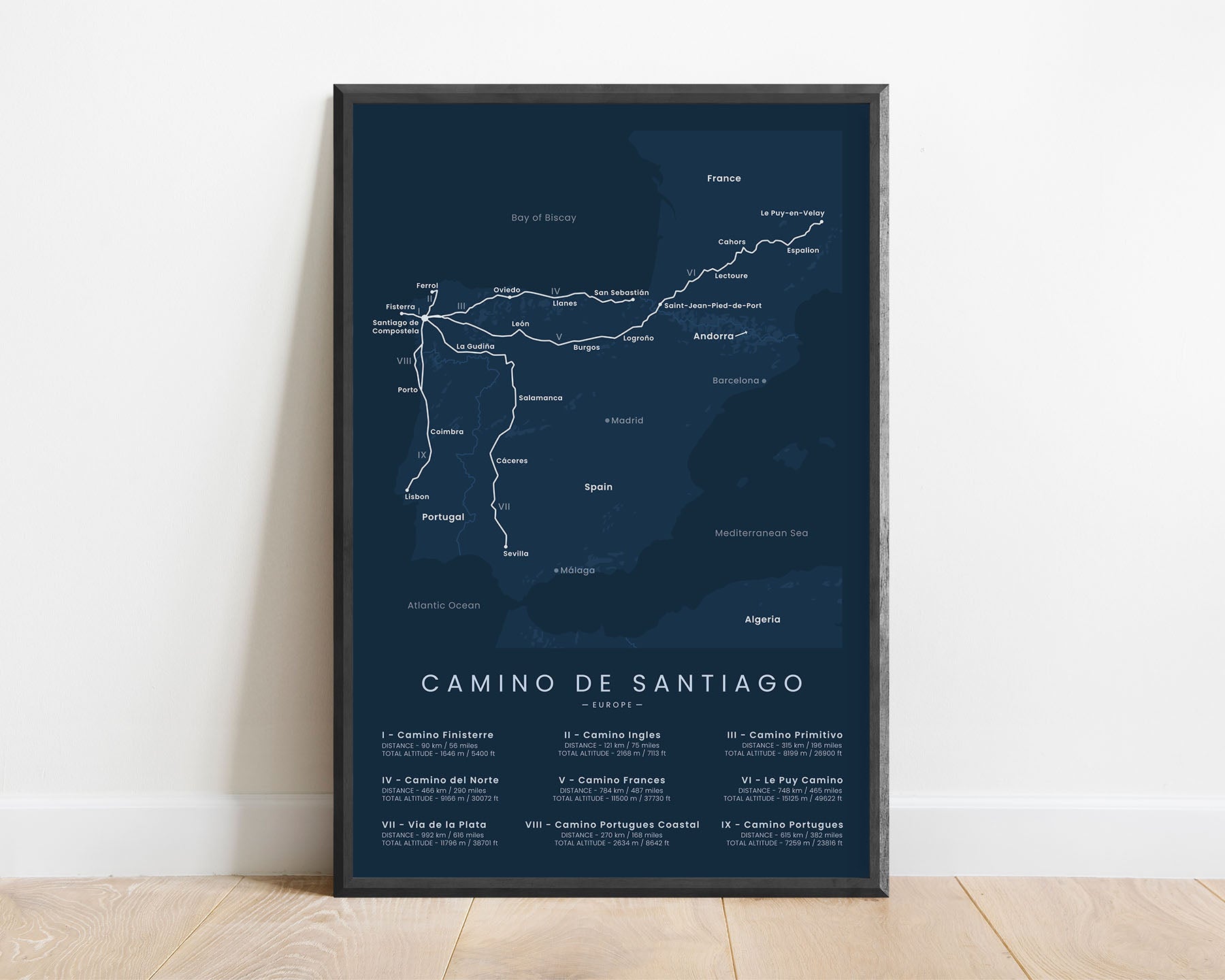 Camino de Santiago (Camino Frances) thru hike map art with blue background