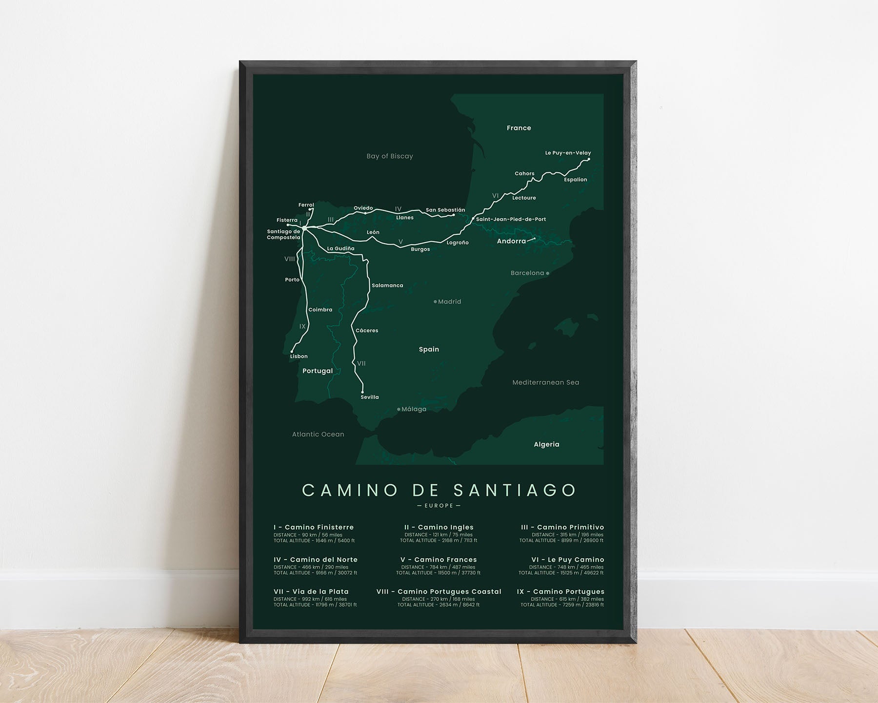 Way of Saint James (Via Podiensis) trail wall map with green background