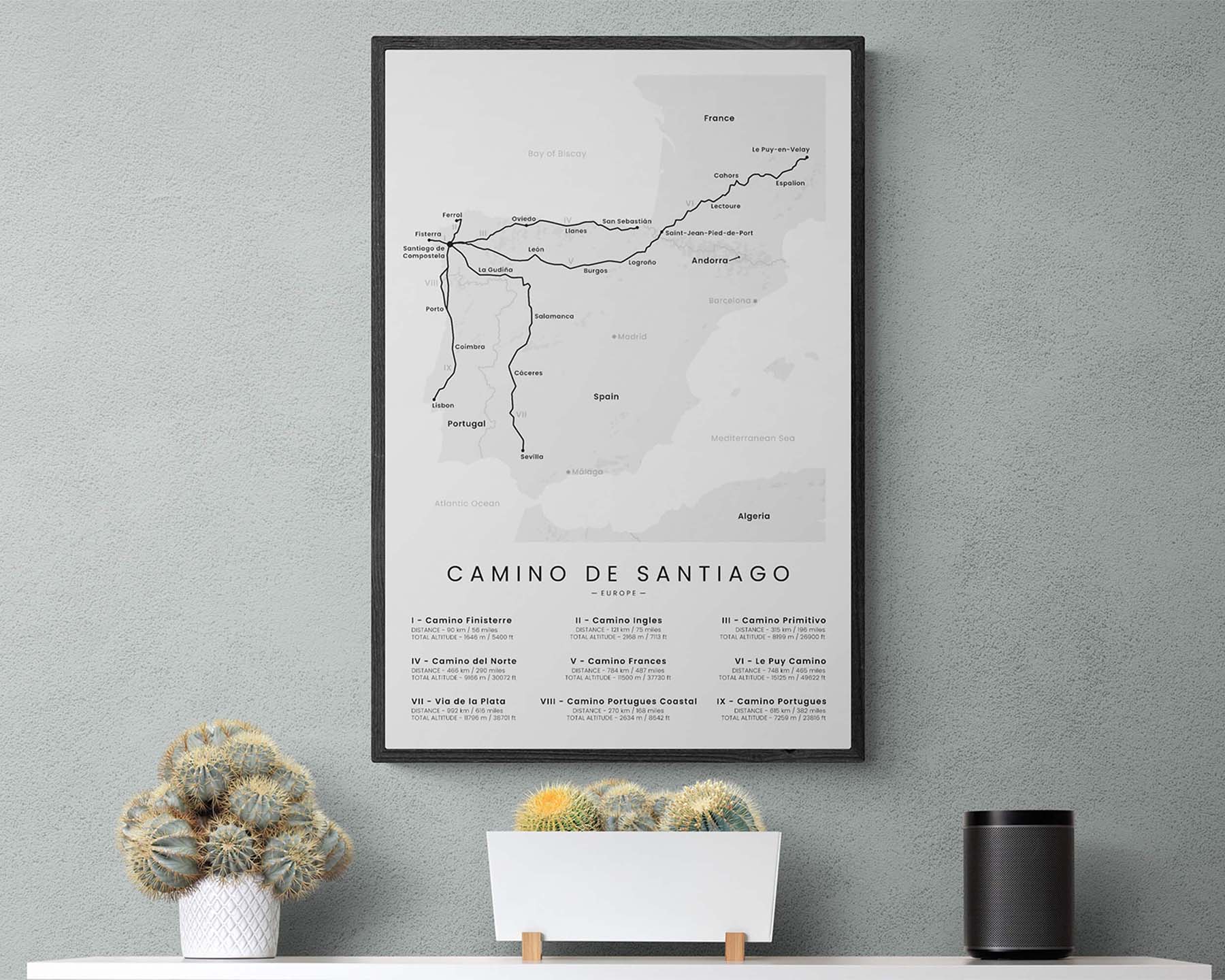 Camino de Santiago (Camino Primitivo) path poster in minimal room decor