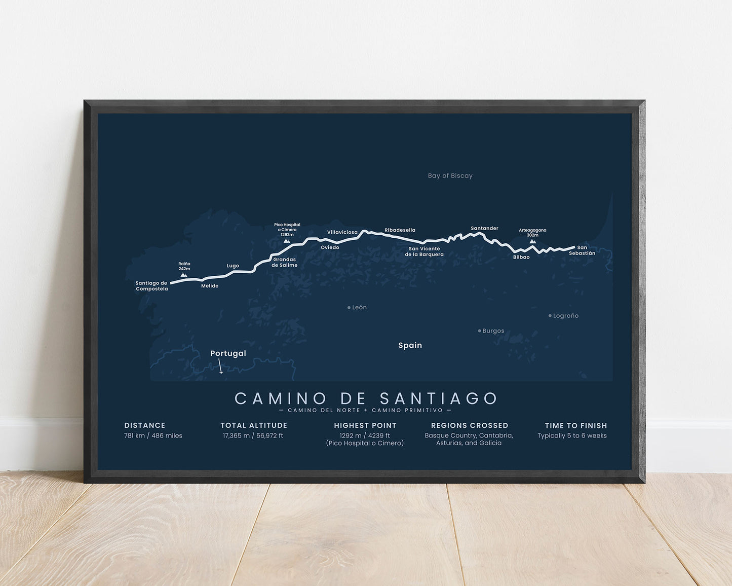 The Northern Way + The Original Way (Asturias) route wall map with blue background