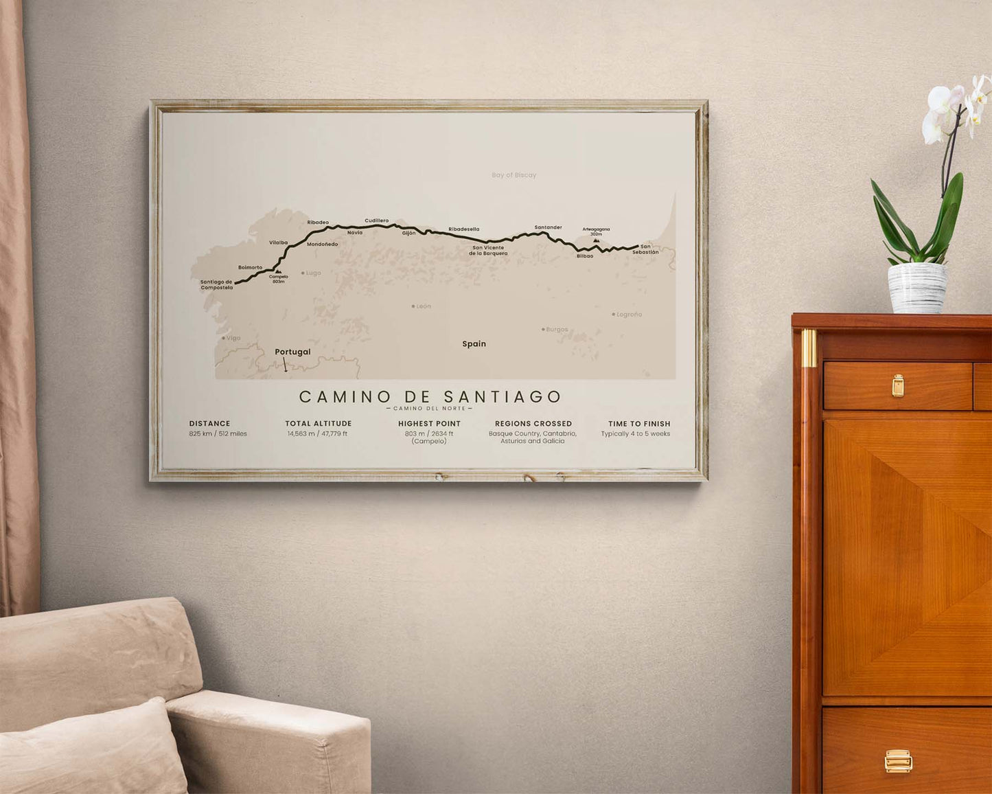 Camino de Santiago (Irun to Santiago de Compostela) track art in minimal room decor