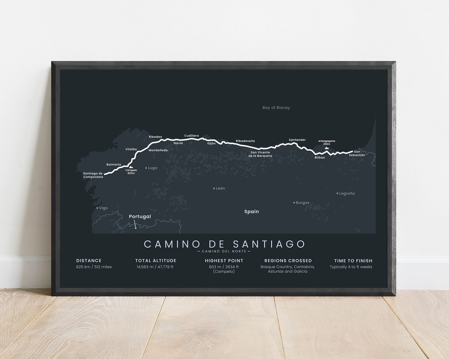 Camino de Santiago (Asturias) pilgrimage map art with black background