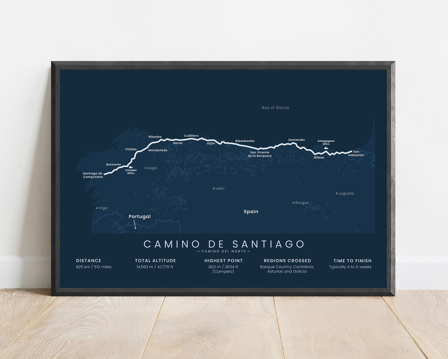 Way of Saint James (Galicia) thru hike wall map with blue background