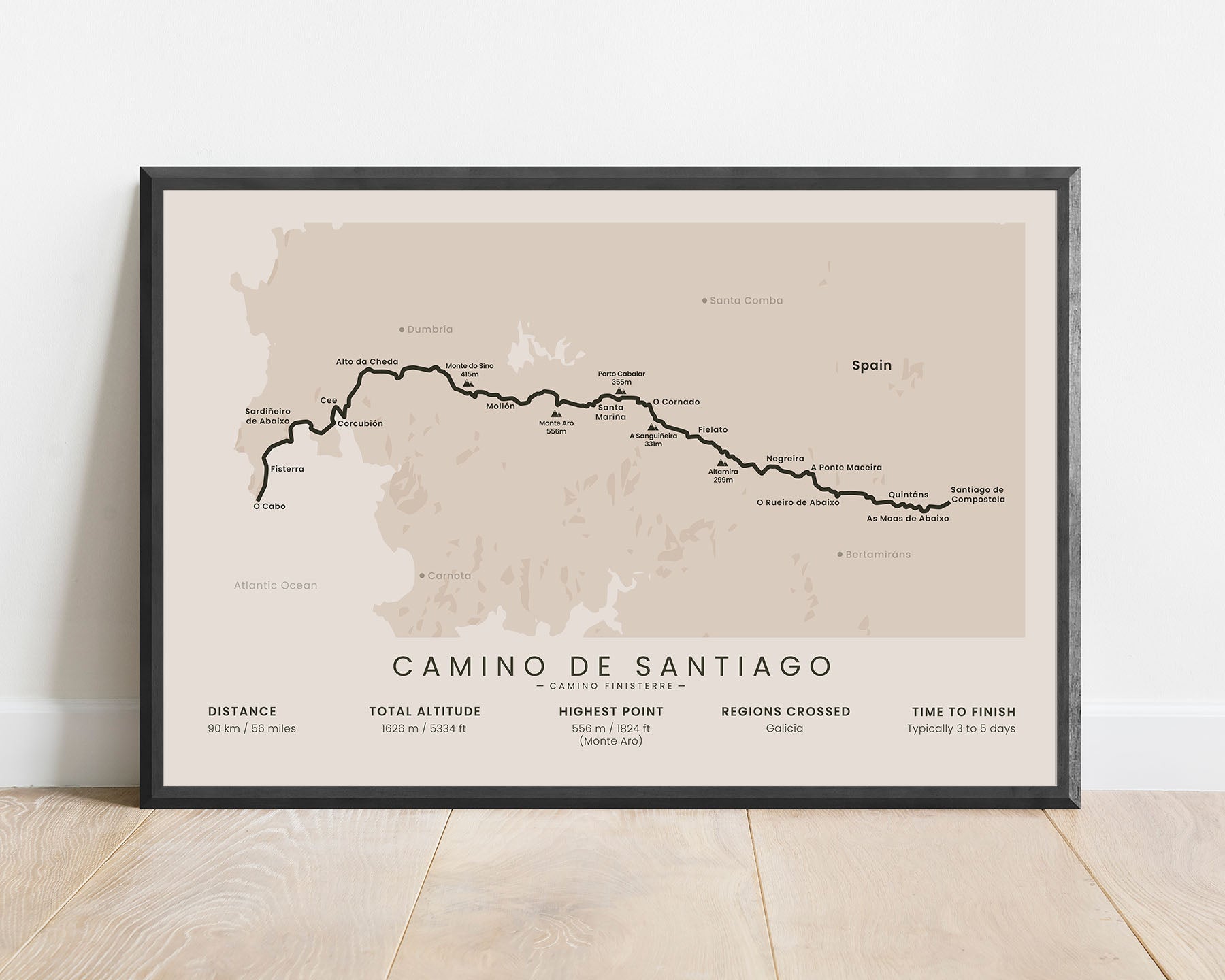 Camino de Fisterra (Spain) pilgrimage wall map with beige background