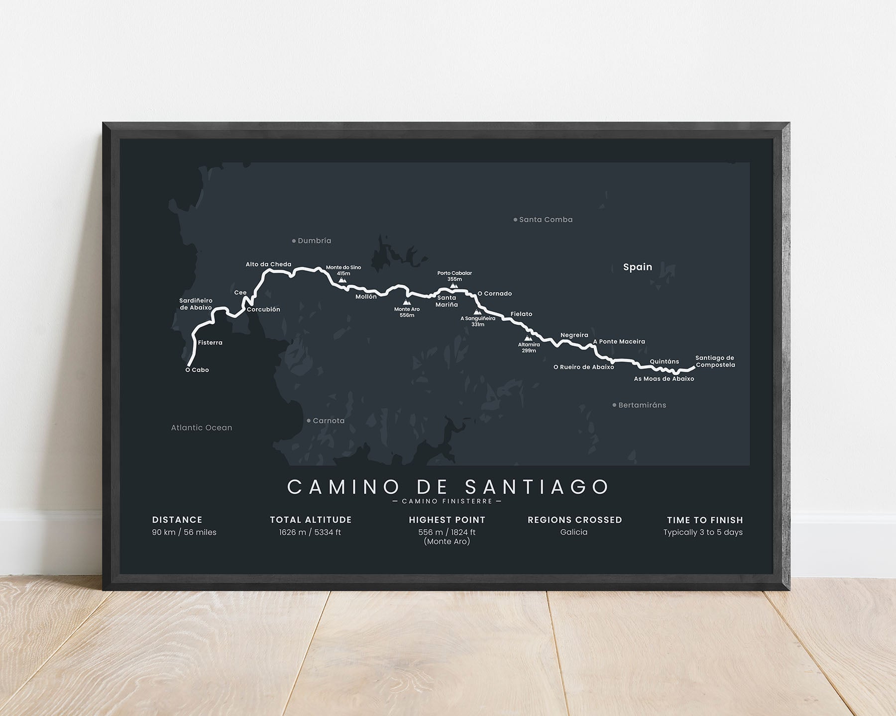 Camino de Santiago (Galicia) trail print with black background