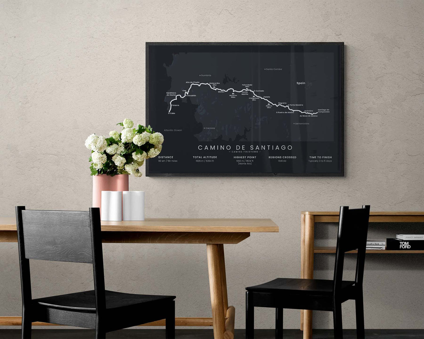 Camino de Fisterra (Finisterre to Santiago de Compostela) route map art in minimal room decor