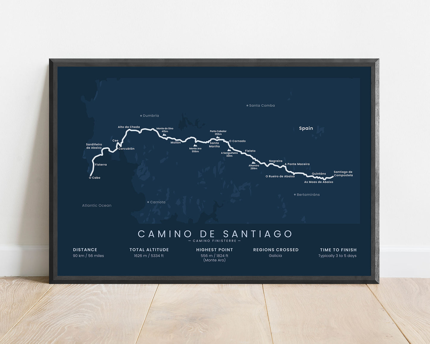 Way of Saint James (Finisterre to Santiago de Compostela) trek wall art with blue background