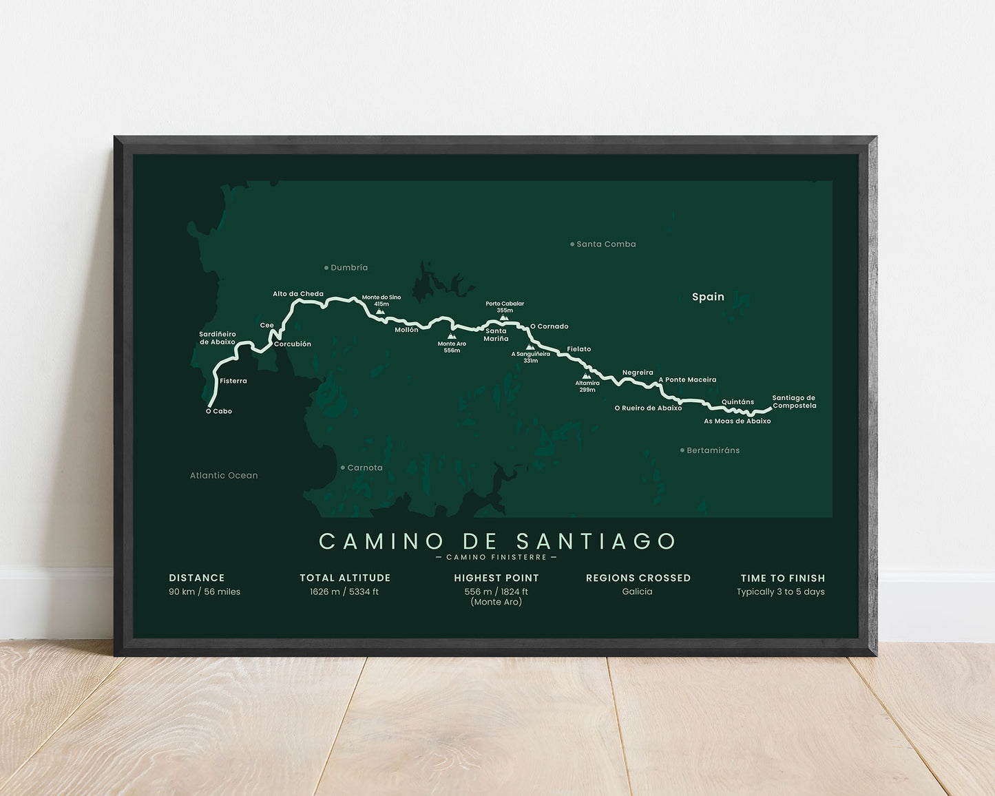 Camino Finisterre (Spain) path map art with green background