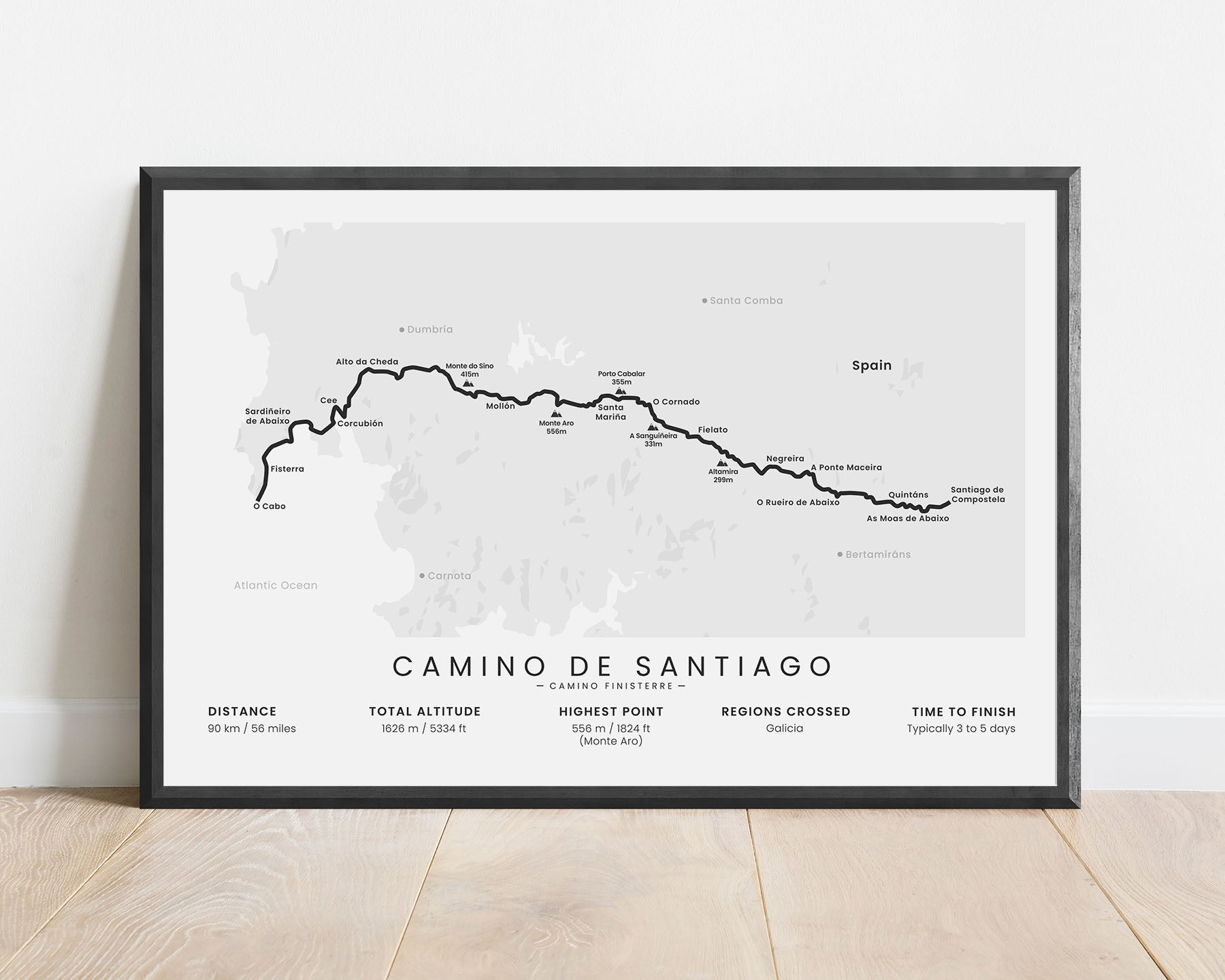 Camino Finisterre (Finisterre to Santiago de Compostela) hike poster art with white background