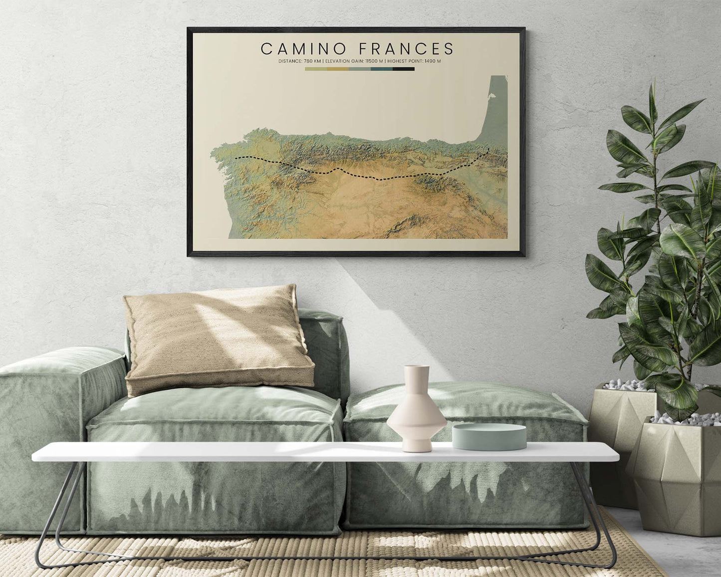 Camino Frances (Spain) Thru-Hike Wall Decor with Shaded Relief Map in Modern Room Decor