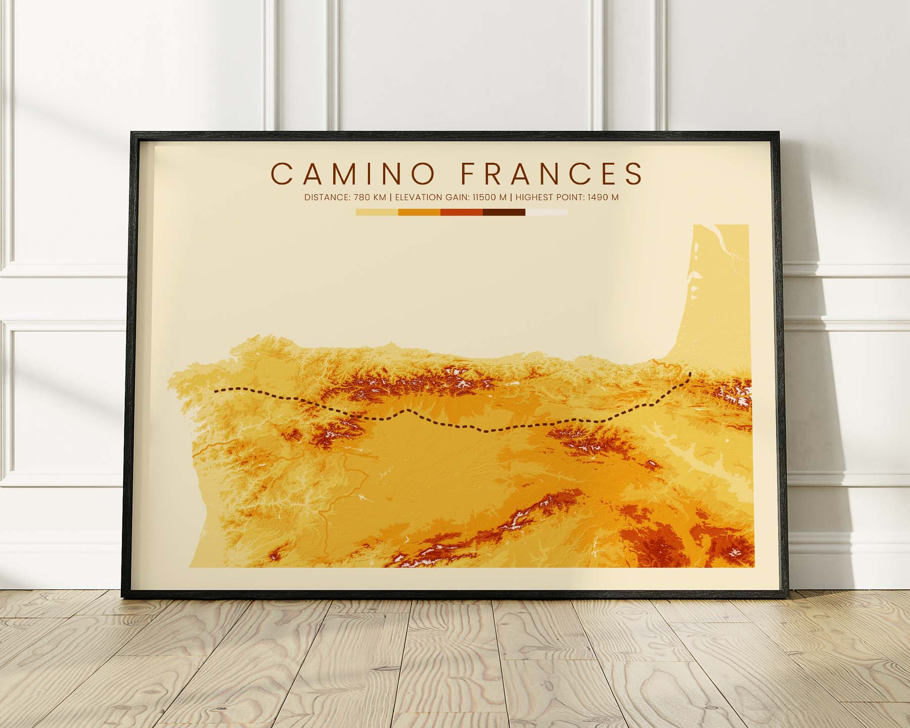 The French Way (France) Hike Wall Art with Vintage Orange Background in Modern Room Decor