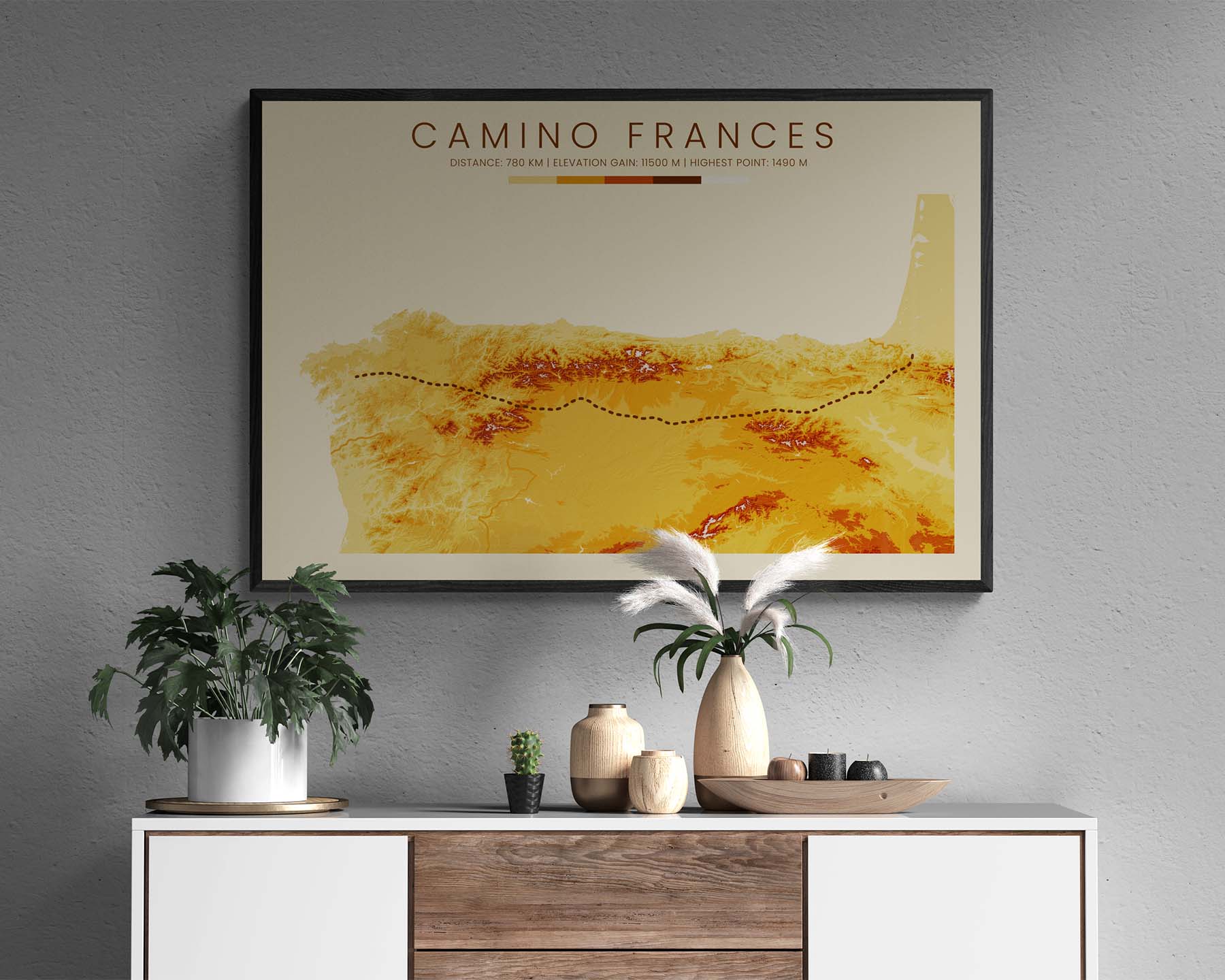 Camino Frances (Pyrenees) Trek Print with Topographic Map in Modern Interior Decor