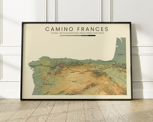 The French Way (Galicia) Pilgrimage Print with Realistic Green Background