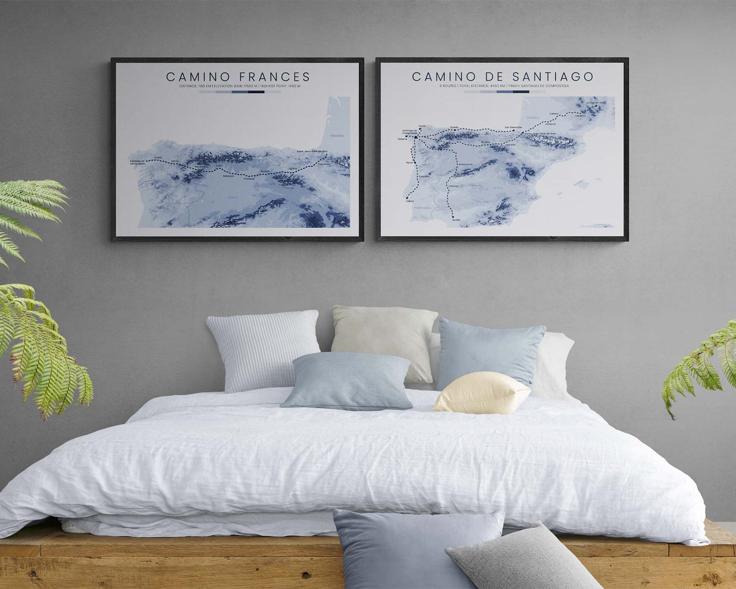 Camino de Santiago (Saint-Jean-Pied-de-Port to Santiago de Compostela) Trail Poster with Contour Map in Modern Bedroom Decor