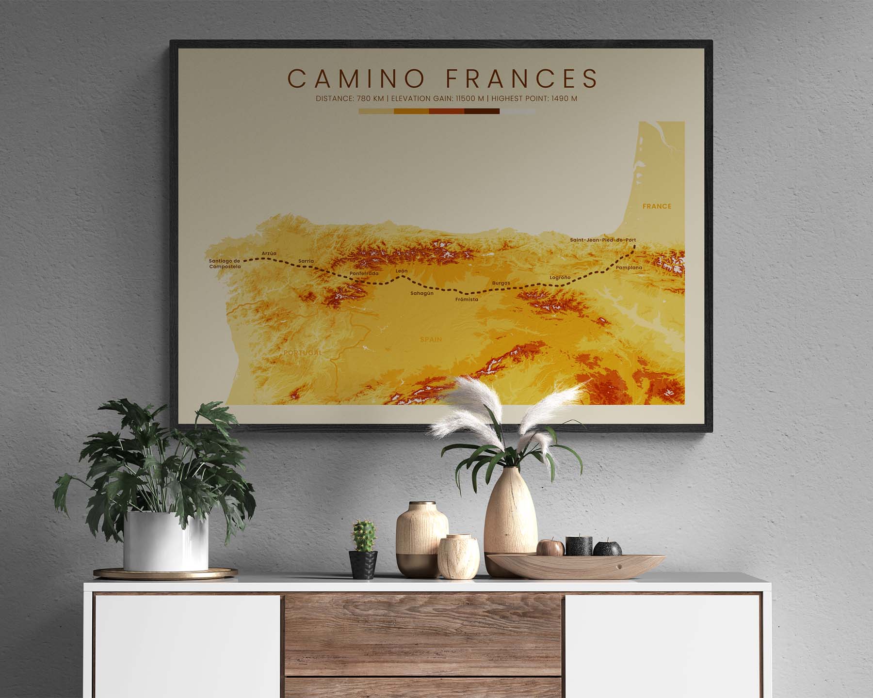 Camino Frances (Pyrenees) Trek Print with Topographic Map in Modern Room Decor