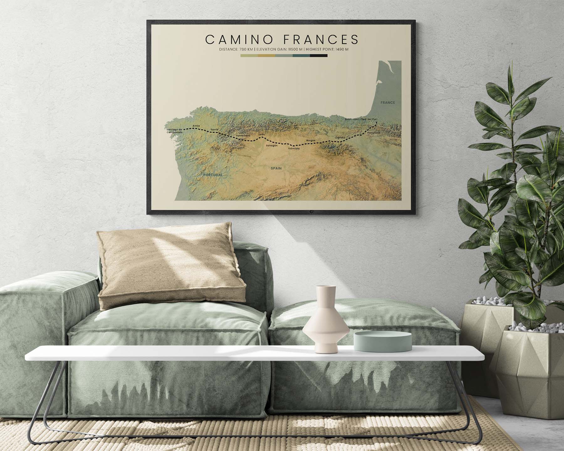 Camino Frances (Spain) Thru-Hike Wall Decor with Shaded Relief Map in Modern Living Room Wall Art