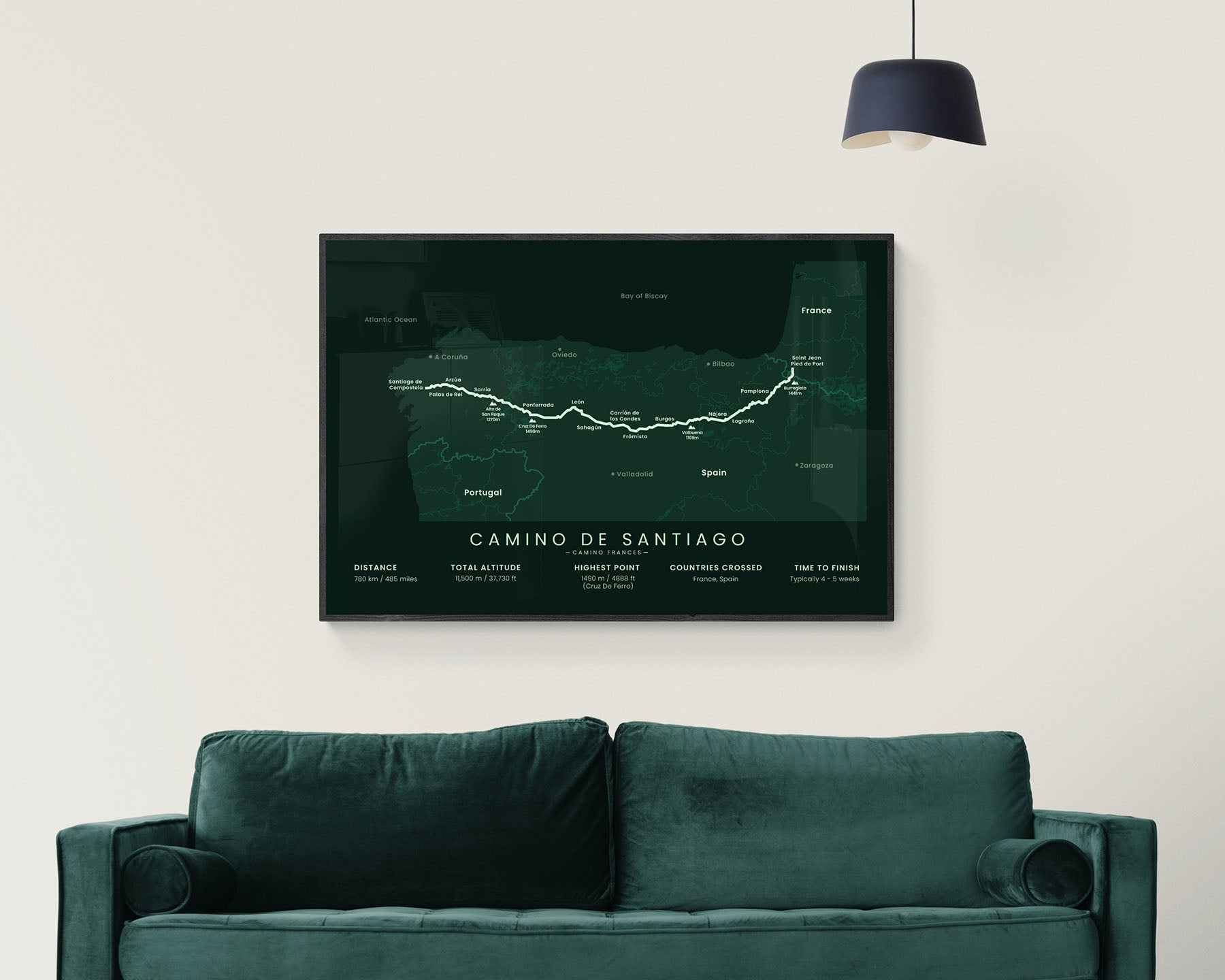 Camino Frances map print with green background in living room