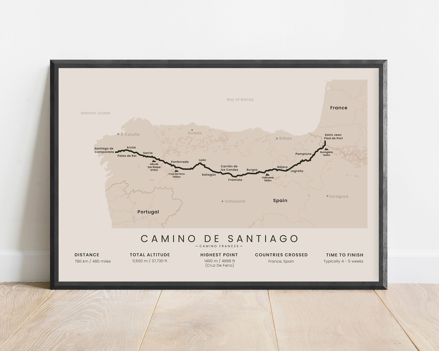 The French Way (The Way of Saint James) Pyrenees Long-Distance Trek Poster Map with beige background