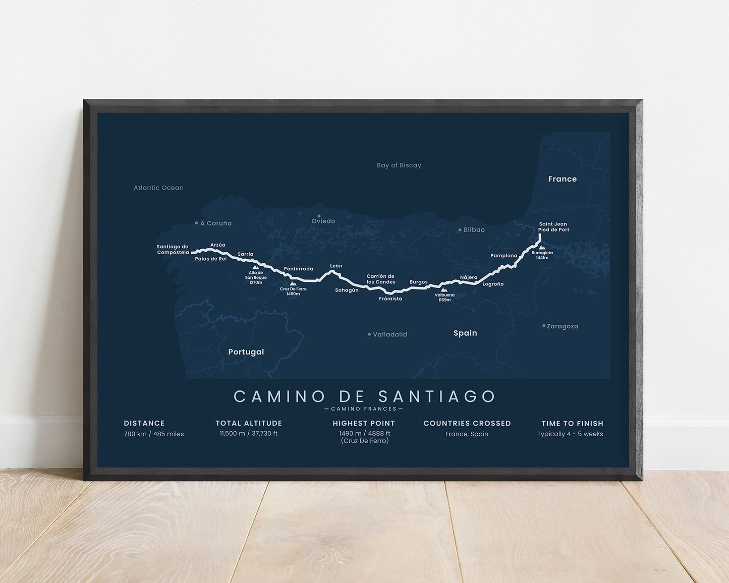 Camino Frances (St. James Way) from Saint-Jean-Pied-de-Port to Santiago de Compostela hiking trail wall art with blue background