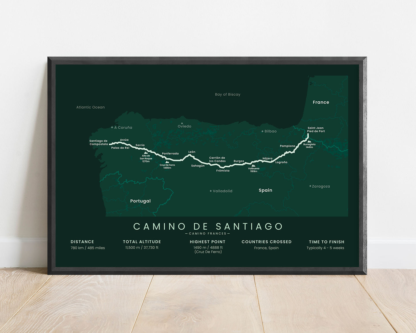 The French Way (Camino De Santiago) Trekking Map Wall Decor with green background