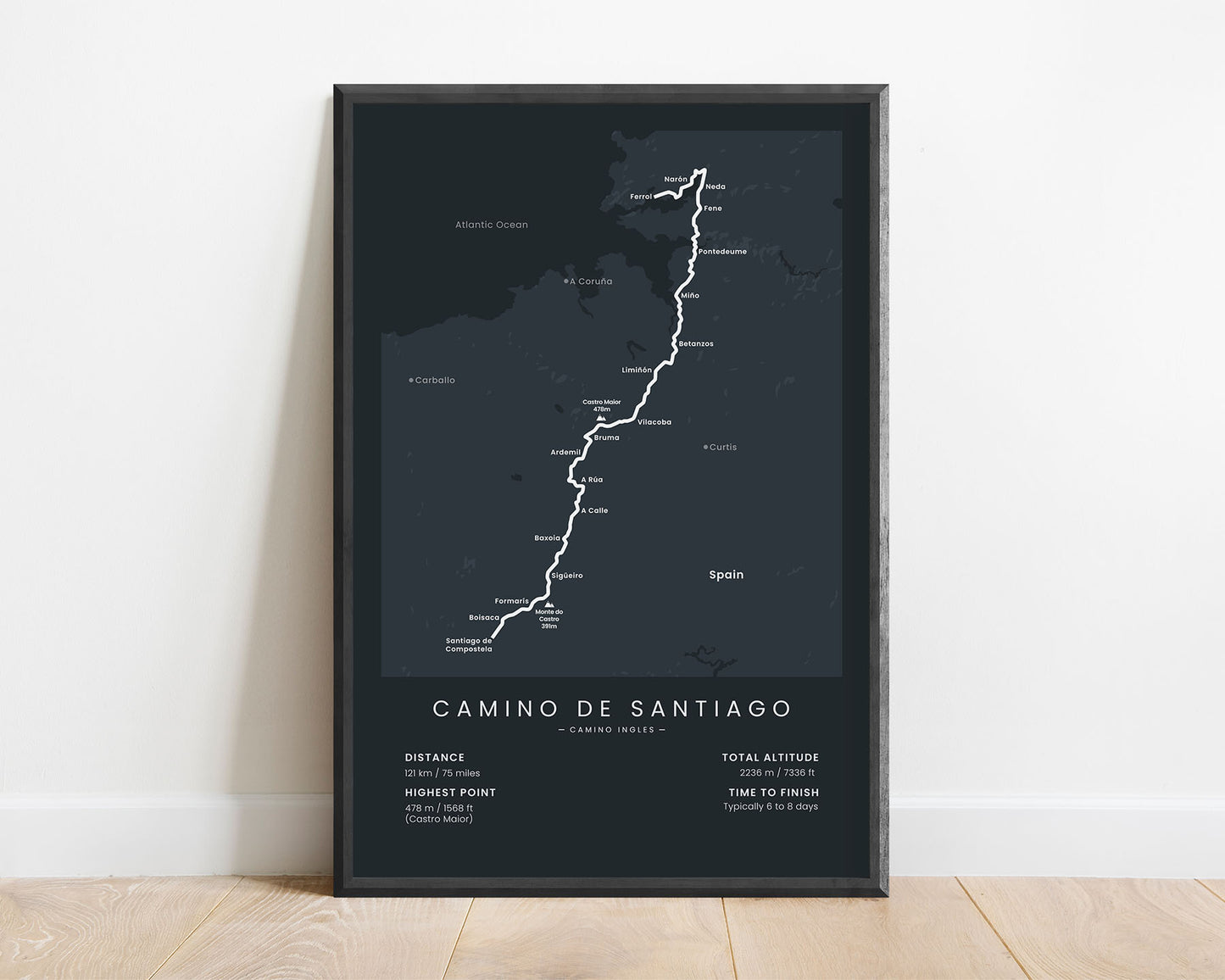Camino de Santiago (Ferrol to Santiago de Compostela) thru hike print with black background
