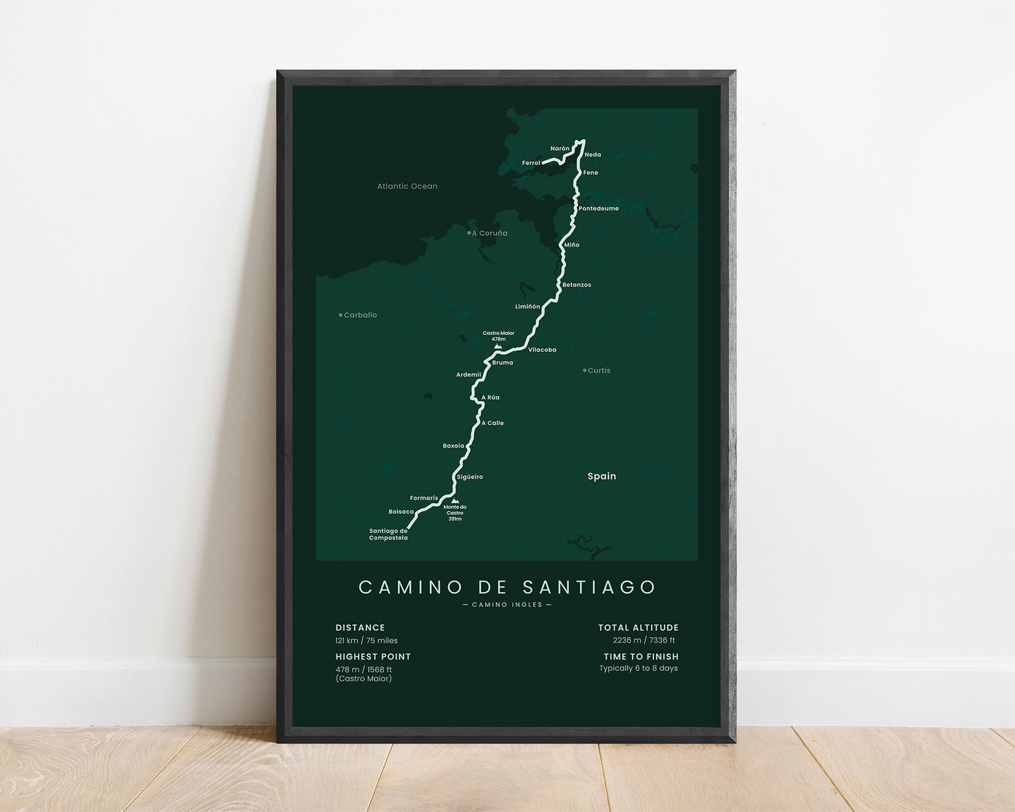 Camino Ingles (Santiago de Compostela) path map art with green background