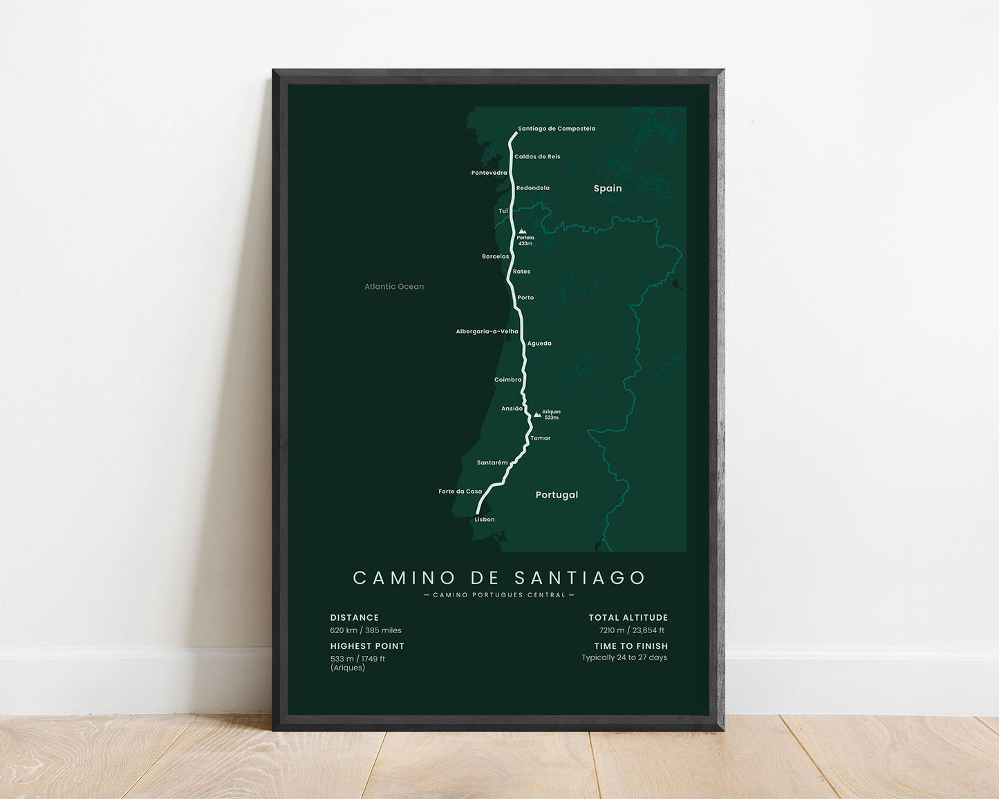 Camino Portugues Central (Spain) path map art with green background