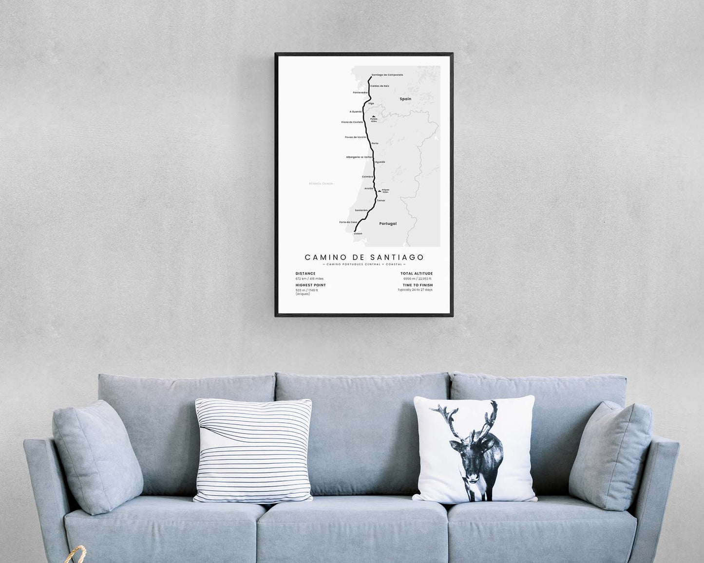 The Central Way + The Coastal Way (Lisbon to Porto to Santiago de Compostela) trek wall art in minimal room decor