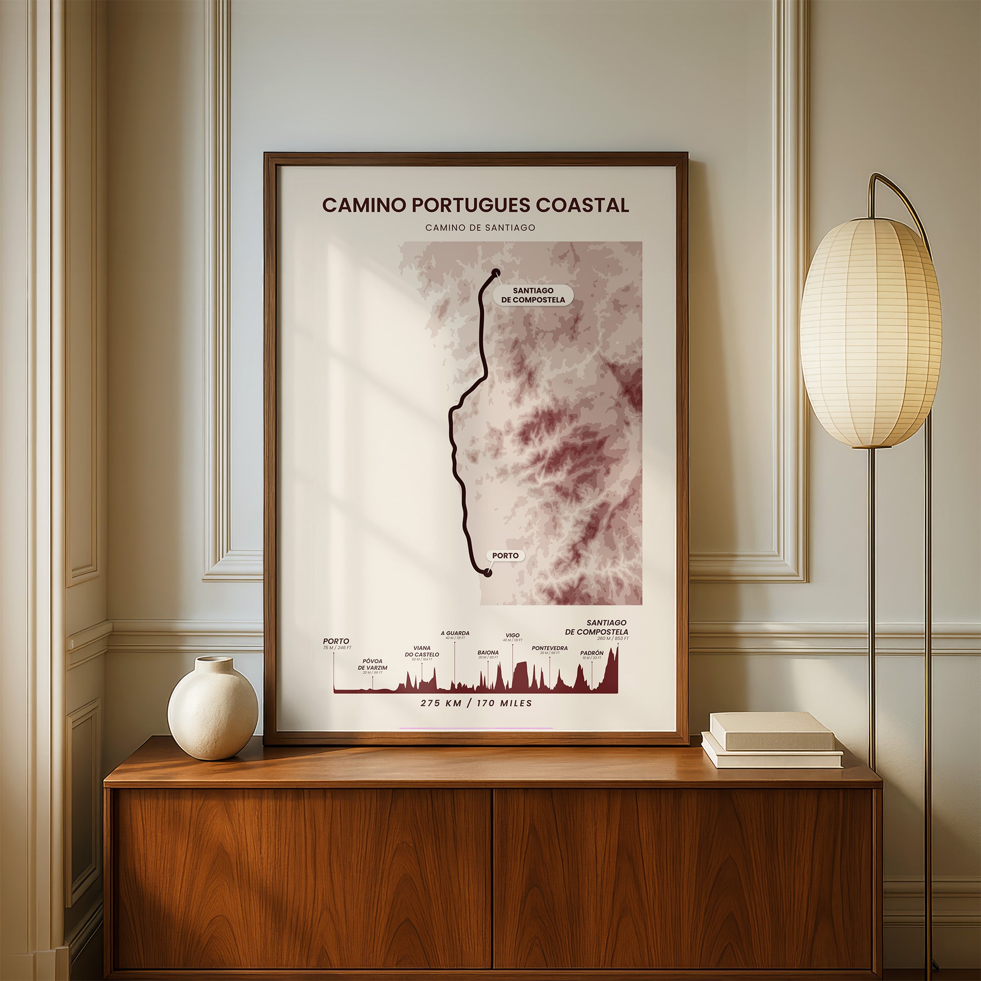 Camino Portugues Coastal (Porto To Santiago De Compostela) Topographic Map Wall Art with Red Background