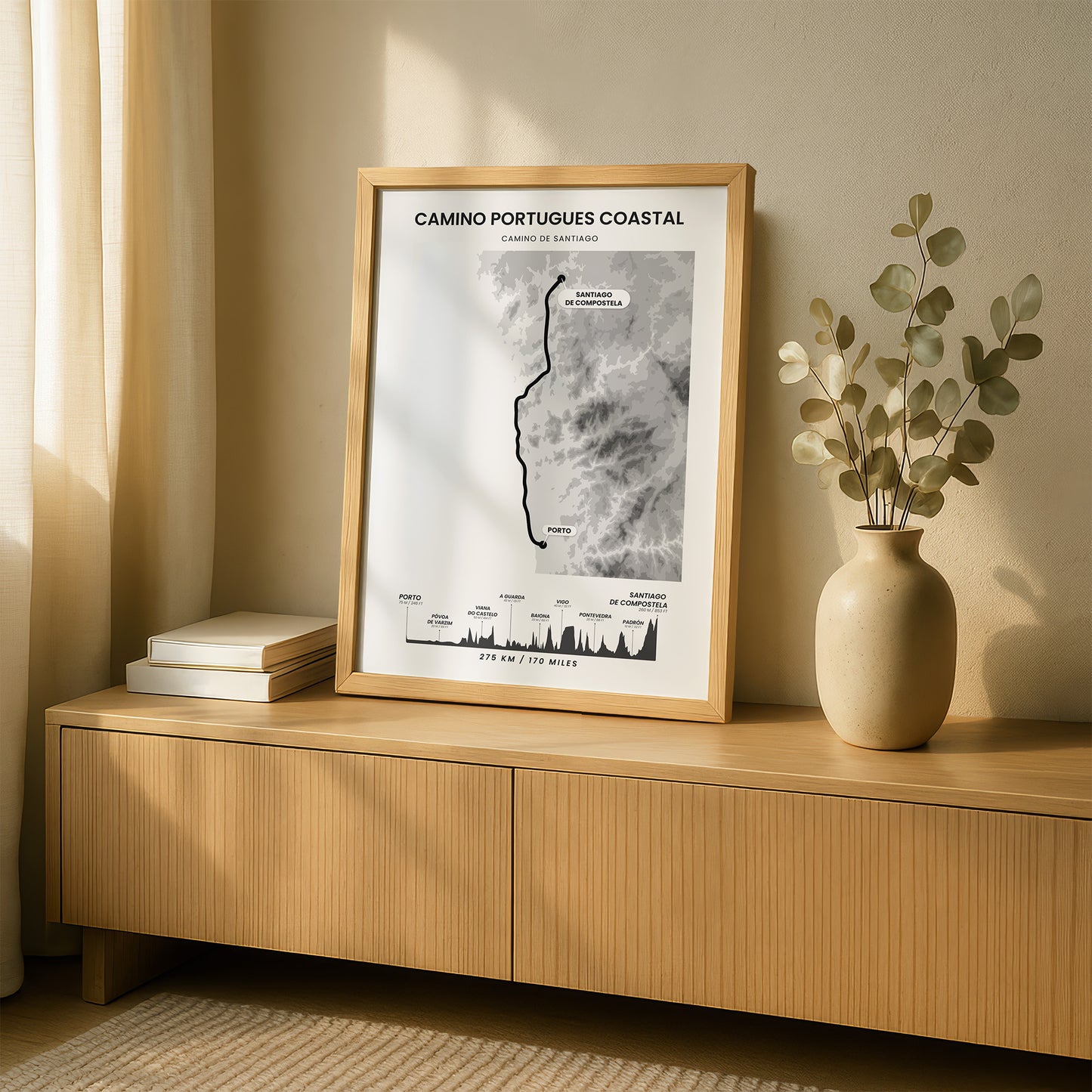 The Portuguese Way (Spain) Elevation Map Map Art with Black Background