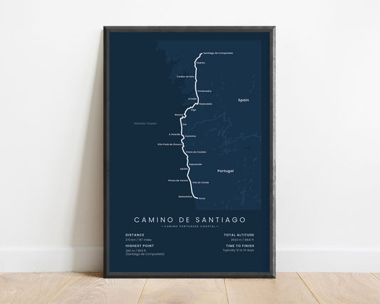 The Portuguese Way (Pilgrimage) Track Map Art with Blue Background