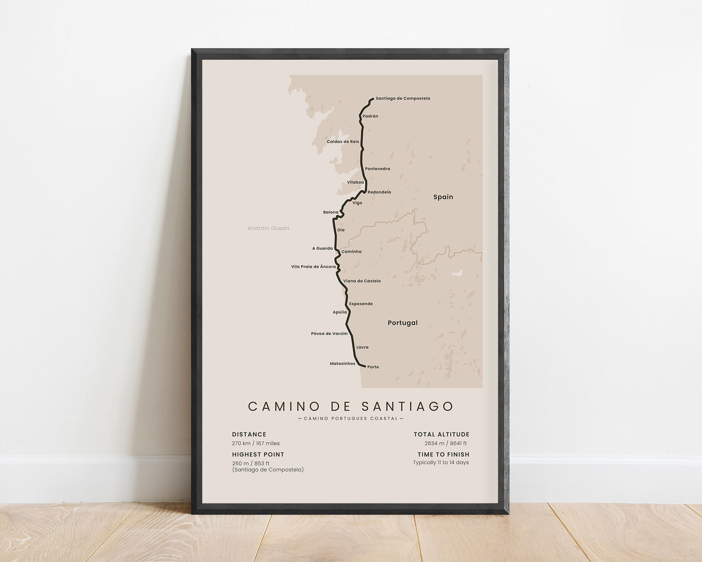 The Coastal Way (Portugal) pilgrimage wall map with beige background