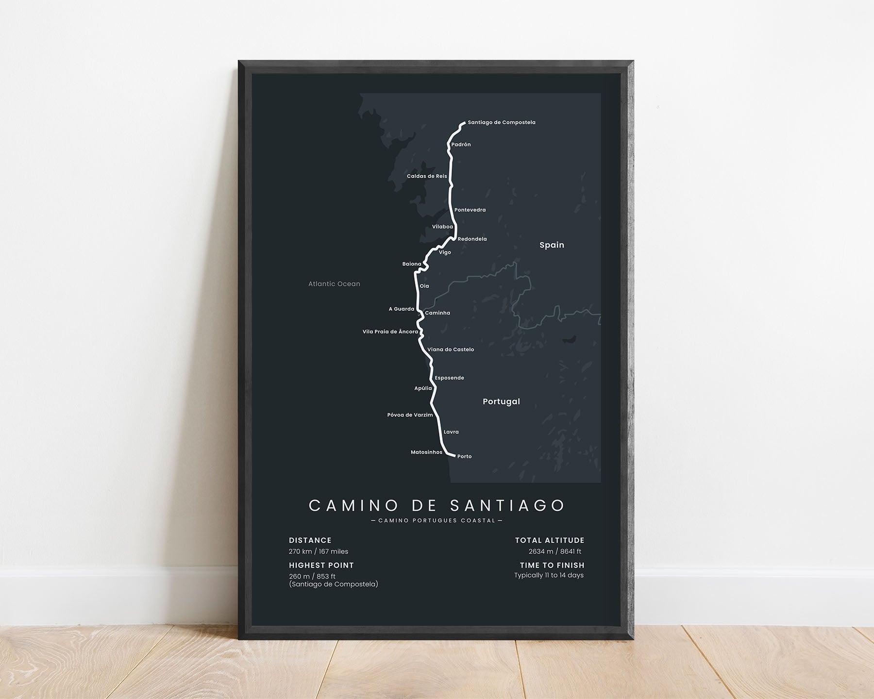 The Portuguese Way (Lisbon to Santiago de Compostela) thru hike print with black background