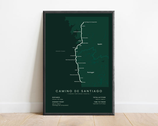 Camino de Santiago (Spain) path map art with green background