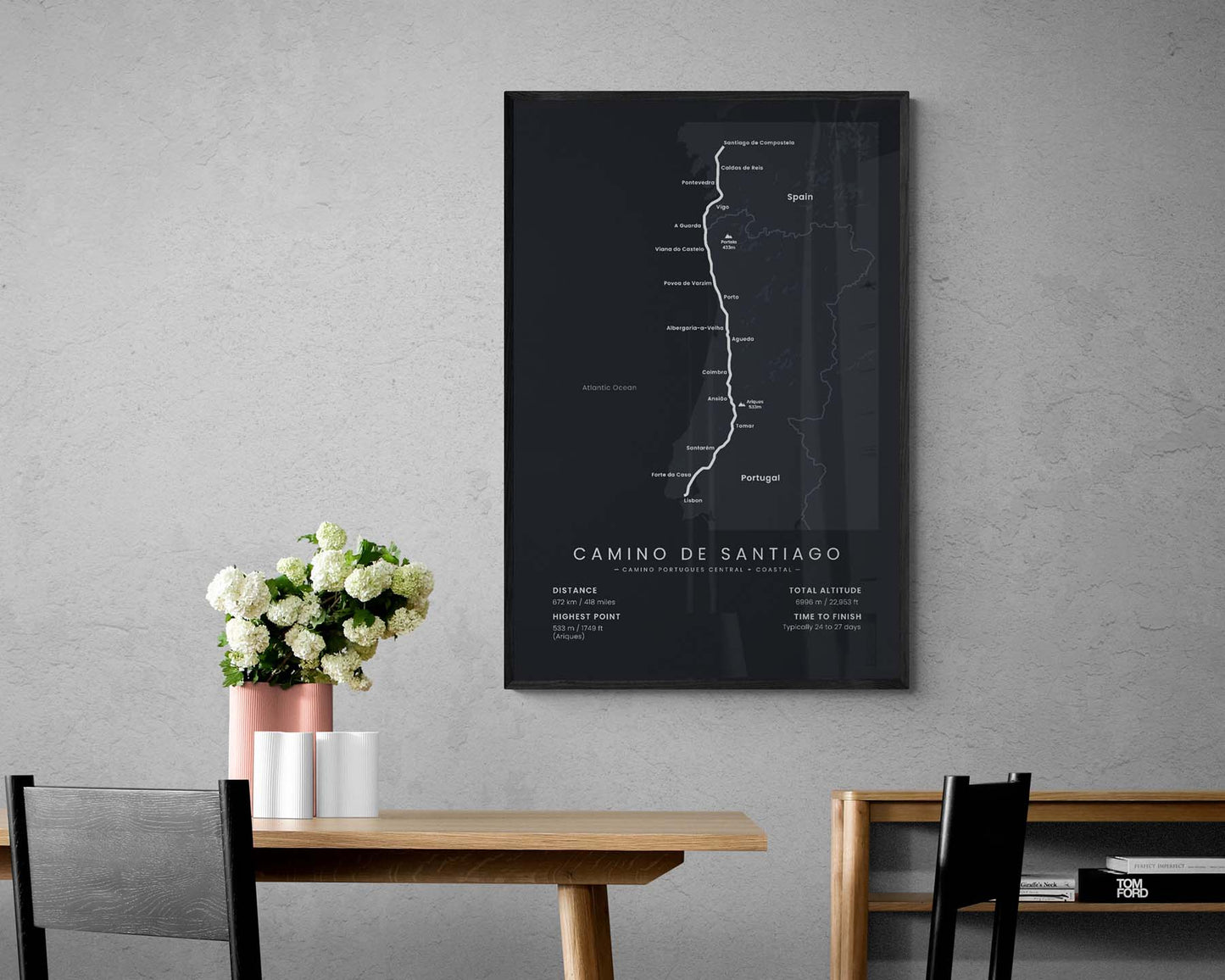 Camino Portugues Central + Coastal (Spain) track map art in minimal room decor